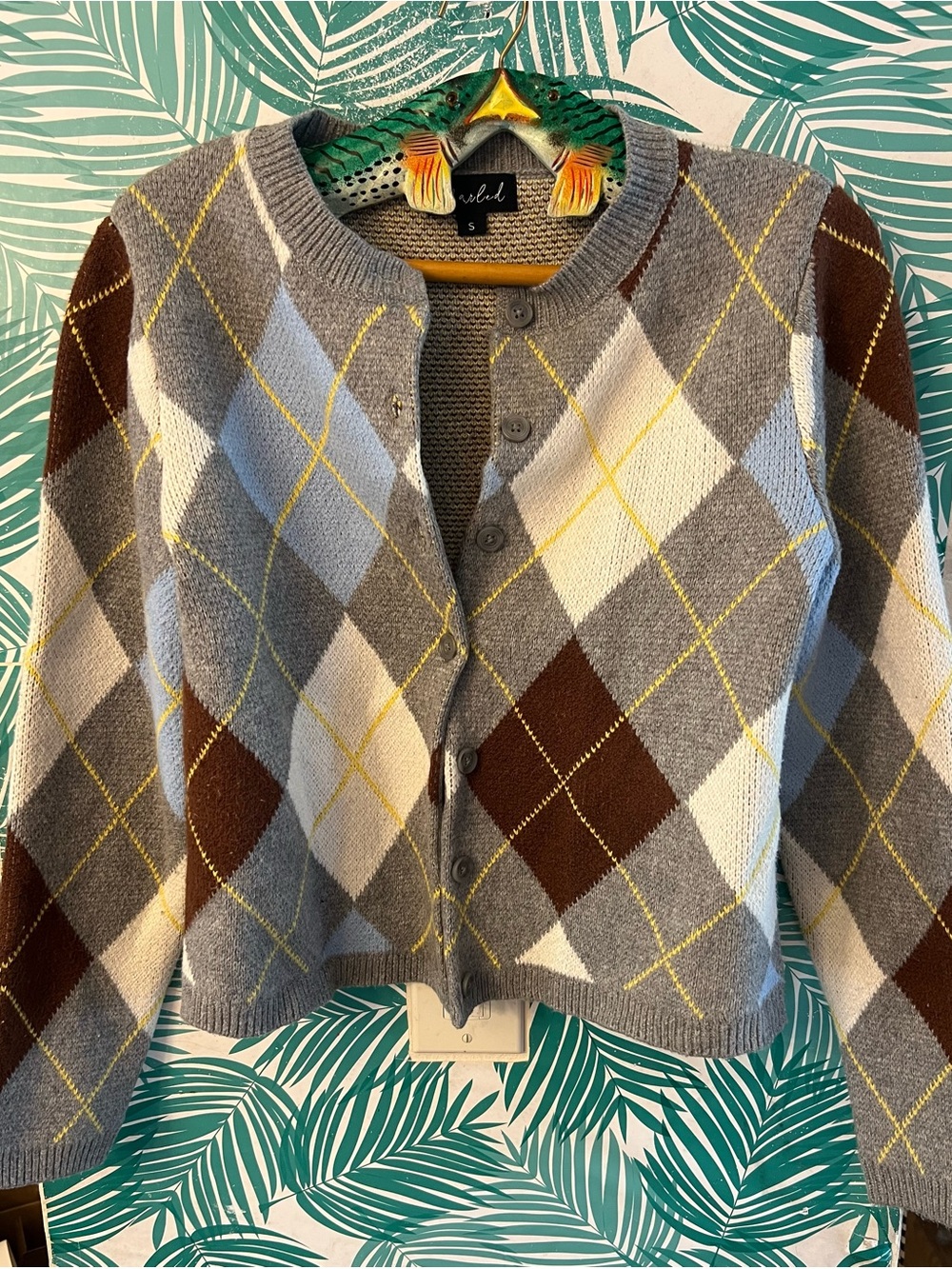 Marled Blue, Gray, Brown & Cream Argyle Button down Cardigan Sz S